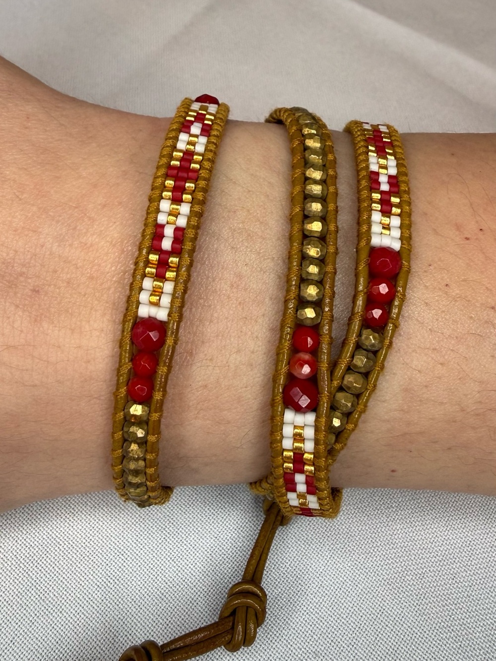 Chan Luu Red White Gold Beaded Leather Wrap Bracelet Boho Adjustable